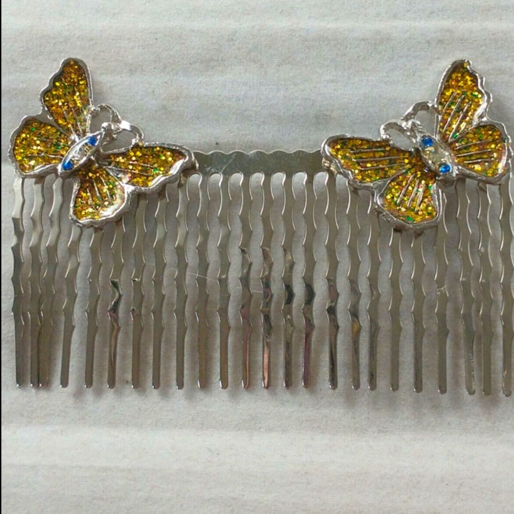 Vtg 1990's Y2K Hair Comb yellow BUTTERFLY~3"~ Rhinestone Glitter